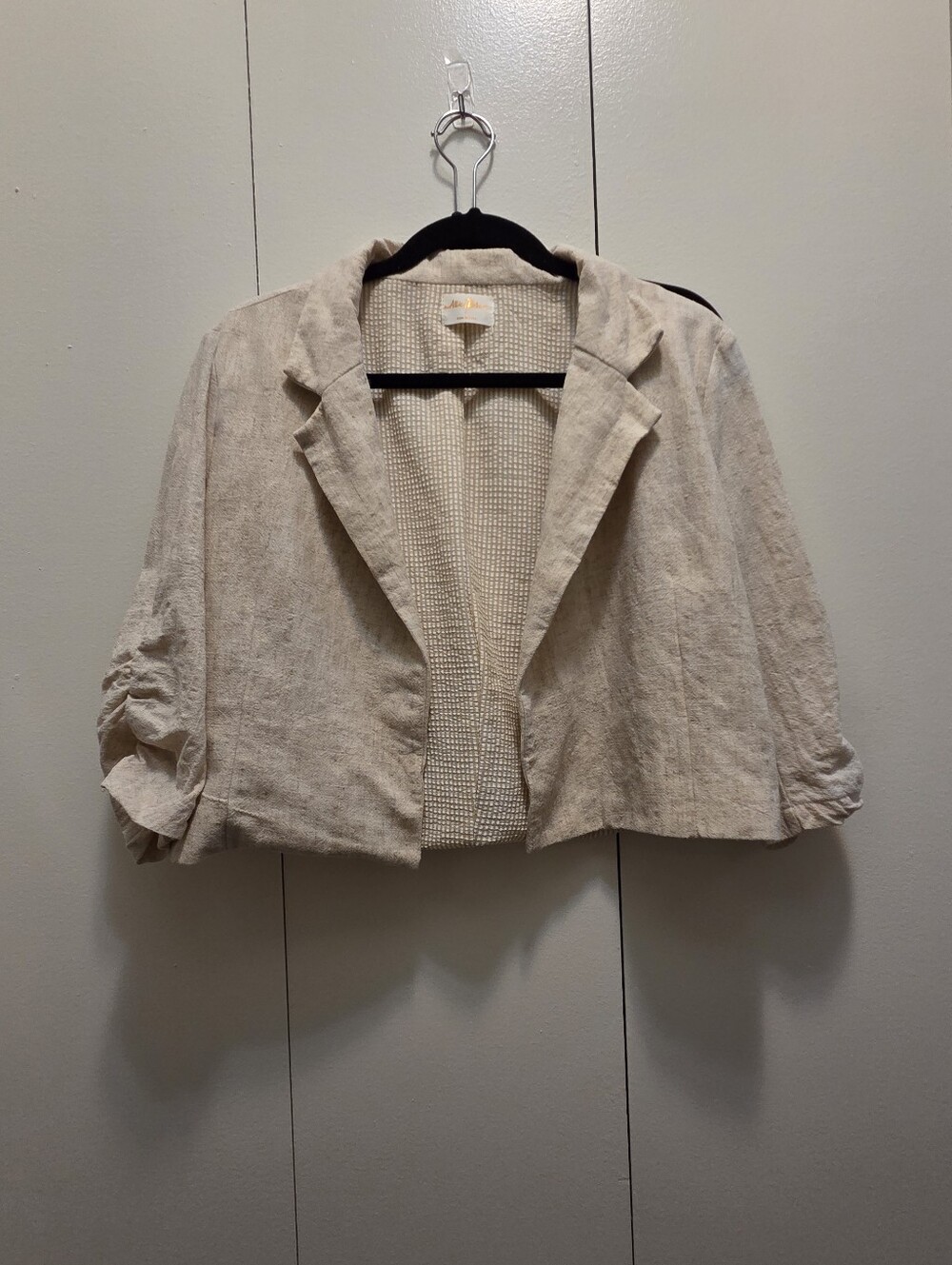 Allie Rose Women's Linen Blend Open Front Blazer Beige Size L 3/4 Ruched Sleeve
